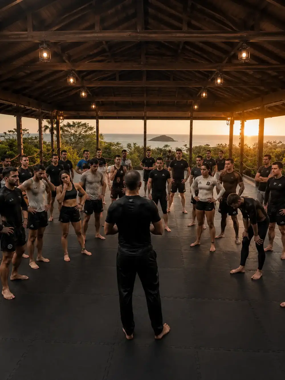 Atletas reunidos num espaço de treino aberto, com o mar ao fundo